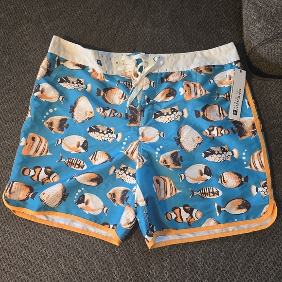 Sperry Top Sider Board Swim Trunks Men 38 Blue Orange Fish Graphic New - Picture 6 of 16